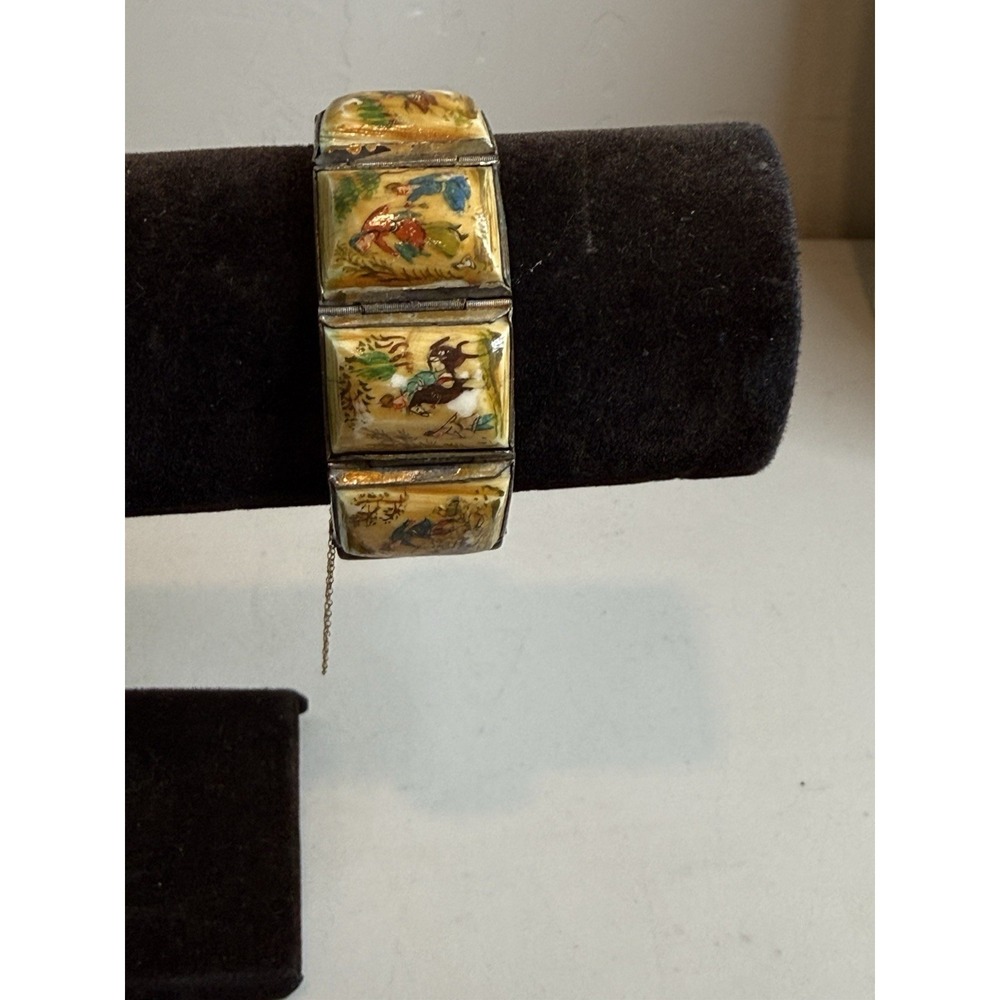 Vintage Hand Painted Scenic Miniature Art Panel Storybook Link Cuff Bracelet